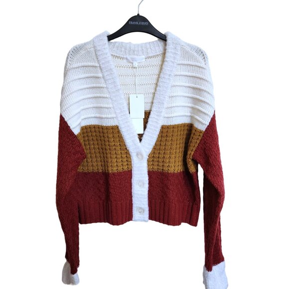 Adyson Parker Colorblock V-Neck Cardigan Tomato Red Golden Brown Cream Sz M - Picture 15 of 15